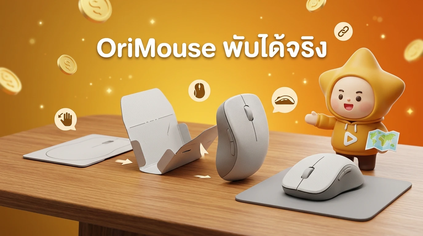 Detailed shot of OriMouse being folded from a flat card shape into a 3D ergonomic mouse on a wooden table.