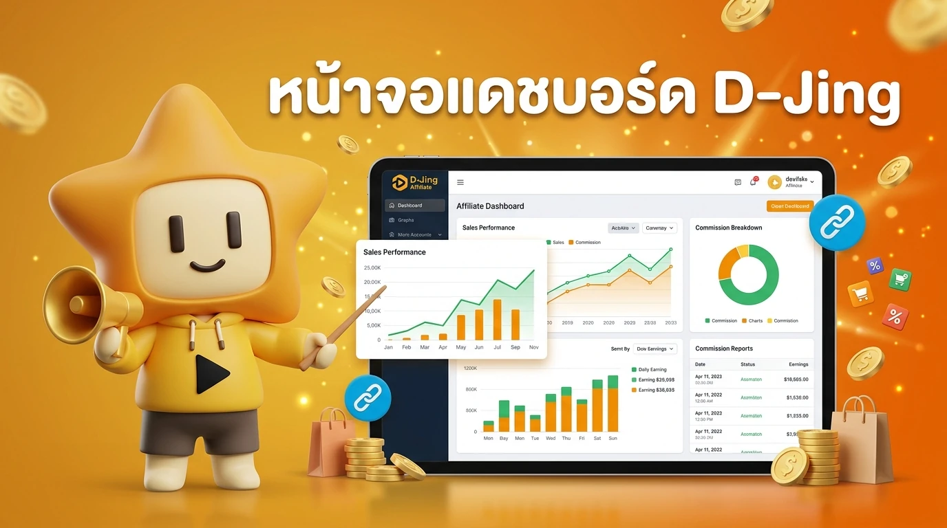 Screenshot of D-Jing Affiliate Dashboard showing sales graphs and commission reports