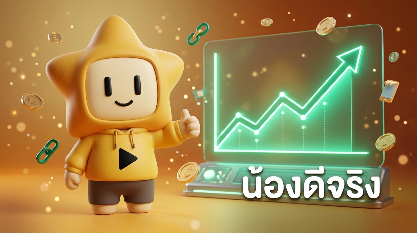 Nong Dee Jing 3D Mascot giving a thumbs up with a glowing "Success" chart in the background