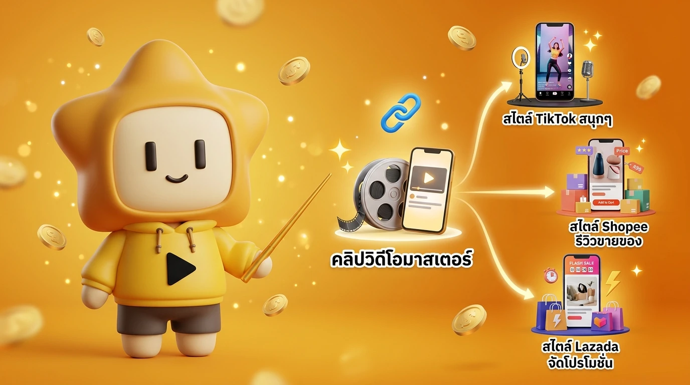 Infographic showing one master video branching out to TikTok, Shopee, and Lazada with different styles