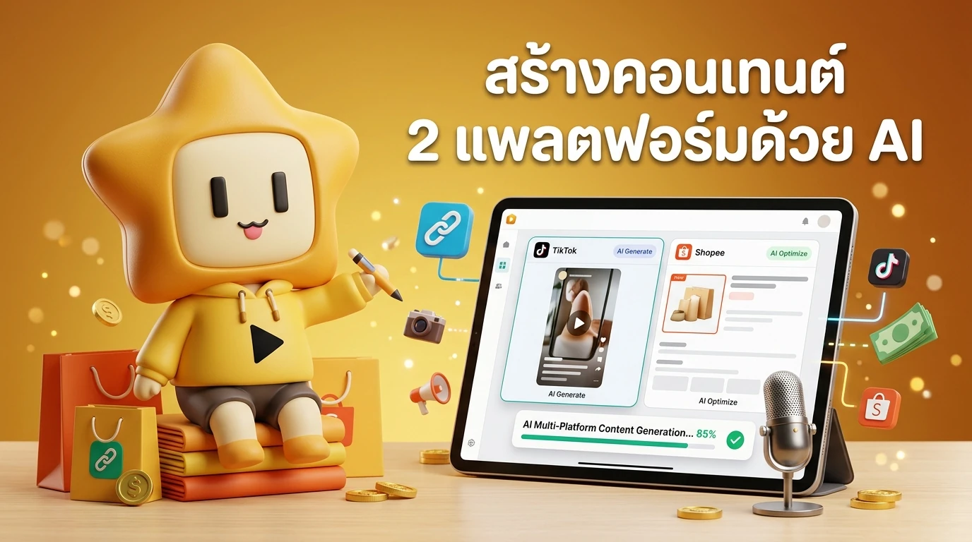 A creator using a tablet with AI tools to generate content for both TikTok and Shopee simultaneously