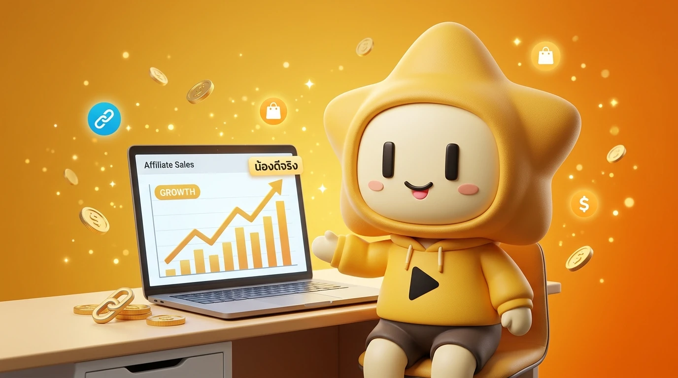 Nong Djing mascot 3D character smiling with a laptop, showing a rising sales graph on the screen
