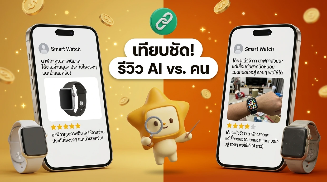 Split screen comparison between a fake AI-generated review perfect text, generic photo and a real user review natural language, messy background
