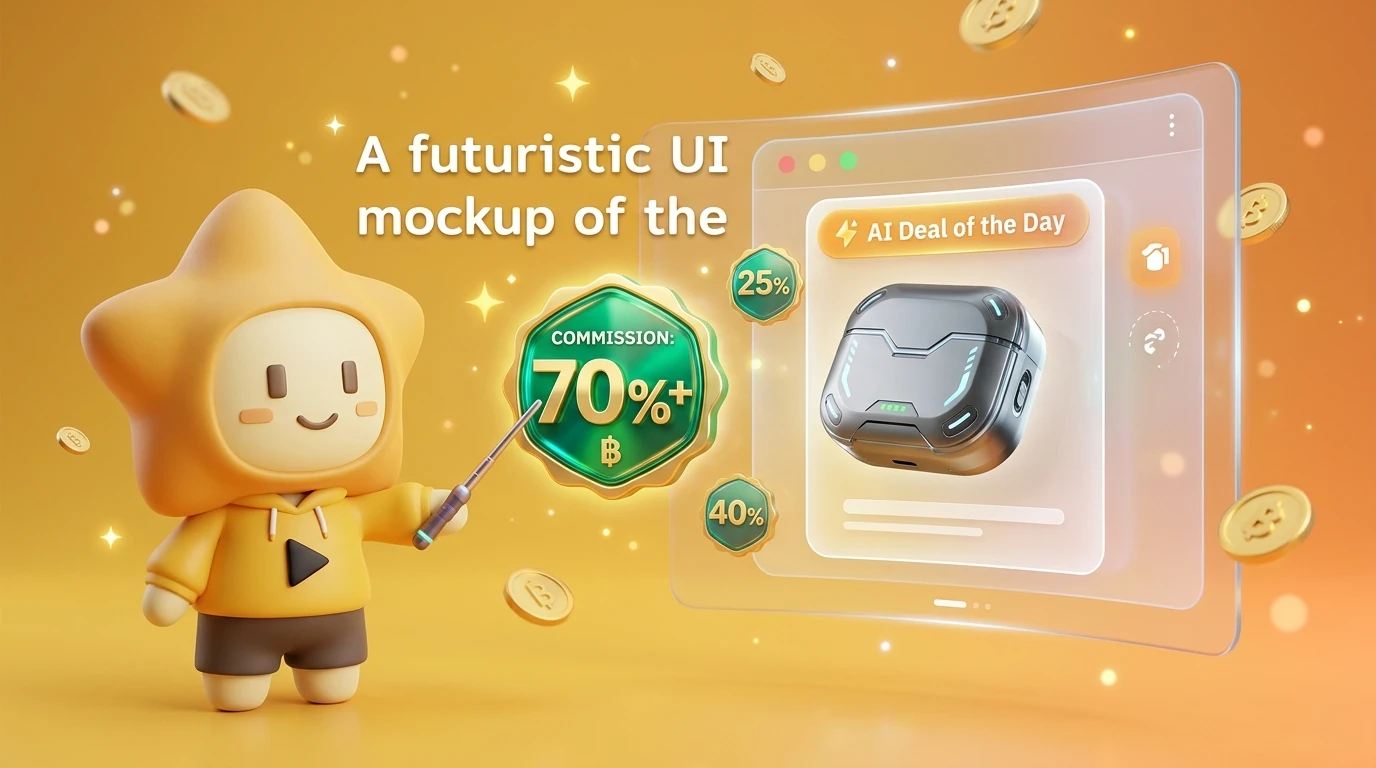 A futuristic UI mockup of the DJING Affiliate app in 2026 showing the "AI Deal of the Day" feature with high commission percentage badges.