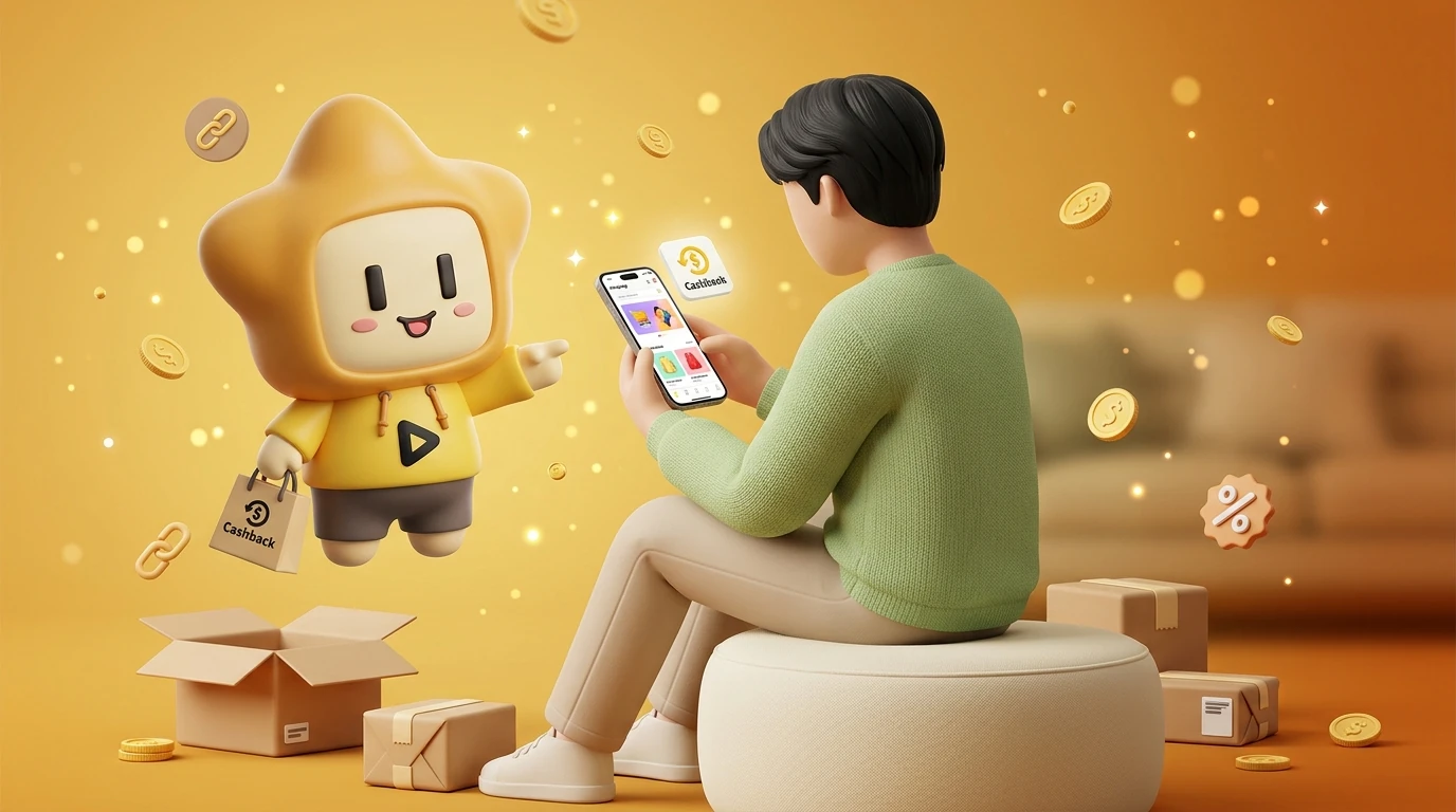 A modern 2026 lifestyle photography showing a person happily shopping on a smartphone with a 3D "Nong Djing" mascot floating nearby, illustrating the concept of Smart Shopping and Cashback.