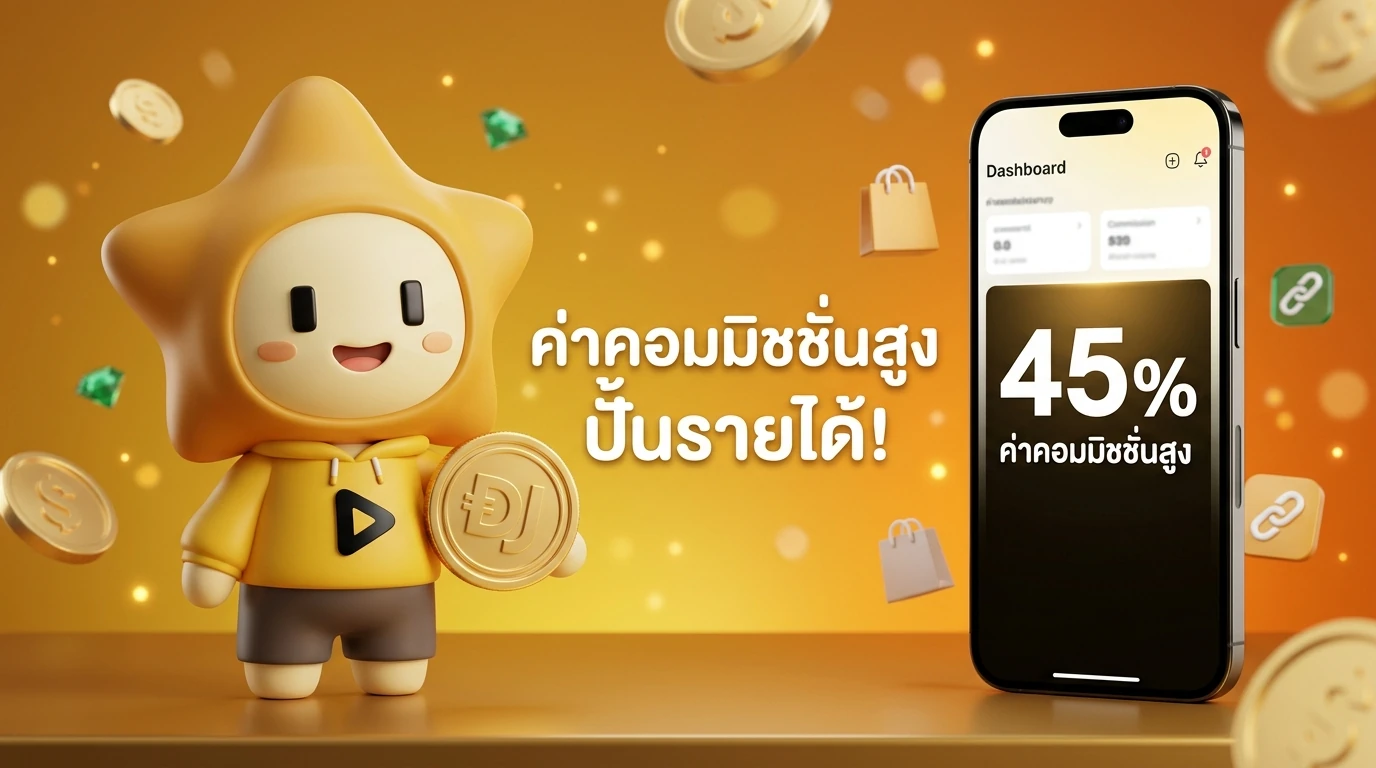 Mascot "Nong Dee Jing" holding a gold coin with a happy face, standing next to a smartphone showing a high commission rate